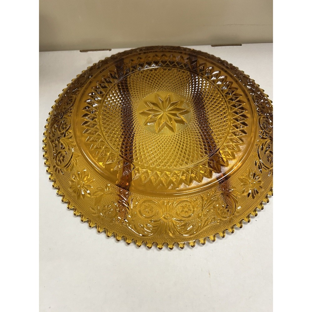 Vtg Tiara Indiana Sandwich Pattern Amber Round Divided Vegetable Platter (897) - Picture 3 of 10